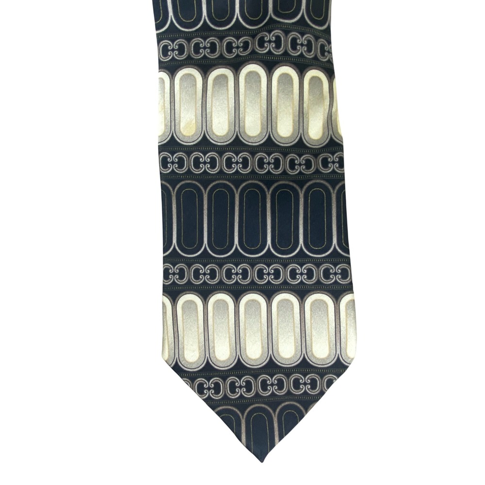 Giorgio Brutini Men Tie Black Gold Cream Silk Art Deco Geometric Ornamental 59x4